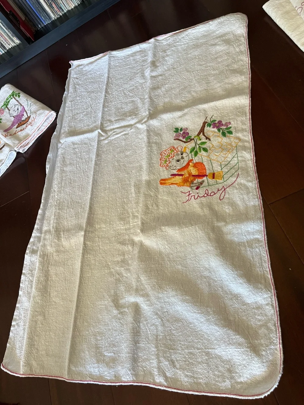 Bird Days of the Week Flour Sack Towels Embroidered Vintage